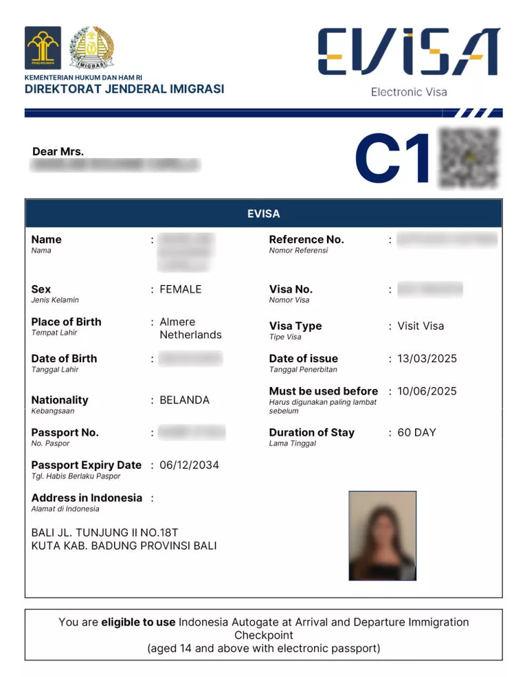 Indonesia e-VOA approved visa document sample